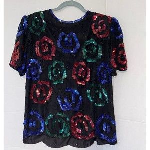 Vintage Laurence Kazar Swirling Flowers Evening Formal Cocktail Blouse Top PS